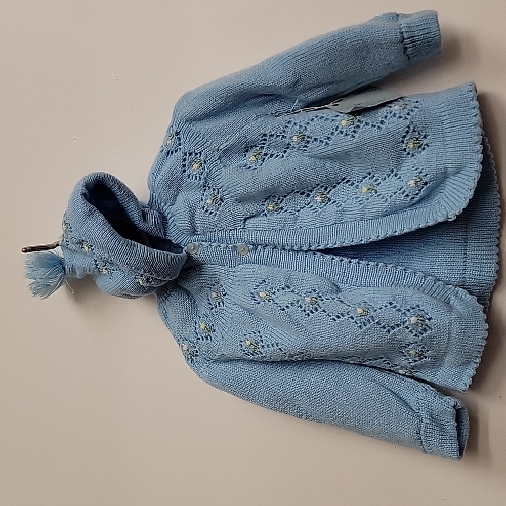 Hand Knit Blue Baby Hooded Cardigan Vintage 90s